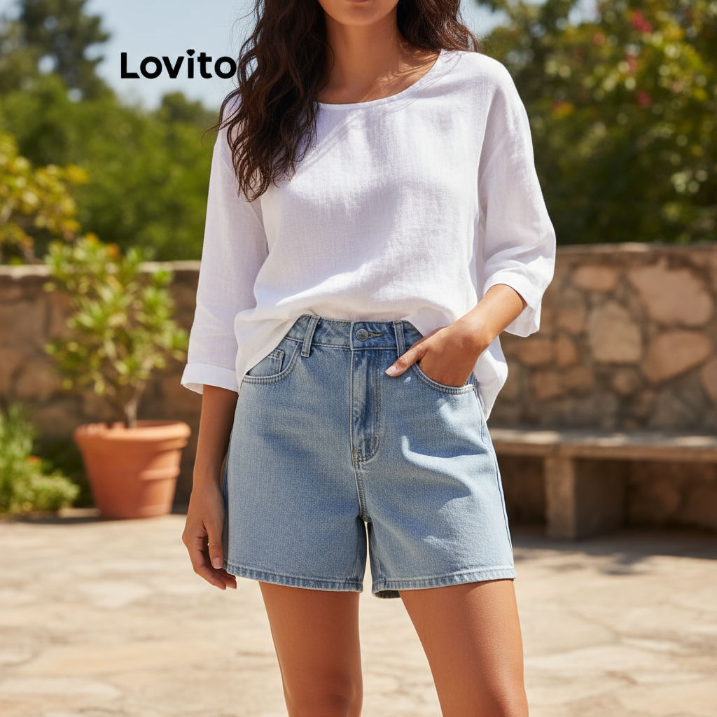 Lovito Shorts Jeans Casuais com Botões Simples para Mulheres L82AD168 (Multicolorido) em Oferta na Shopee