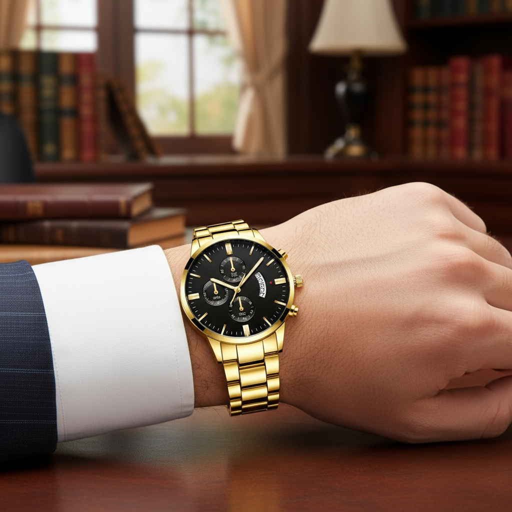  Relógio de Quartzo Masculino para Negócios - Aço Inoxidável com Função de Data e Marcadores de Discagem Listrados