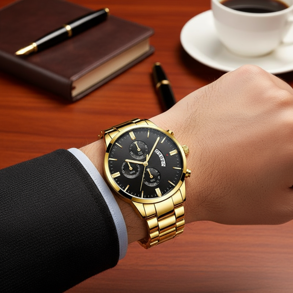  Relógio de Moda Masculina: Quartzo em Aço Inoxidável com Exibição de Data e Marcadores Listrados