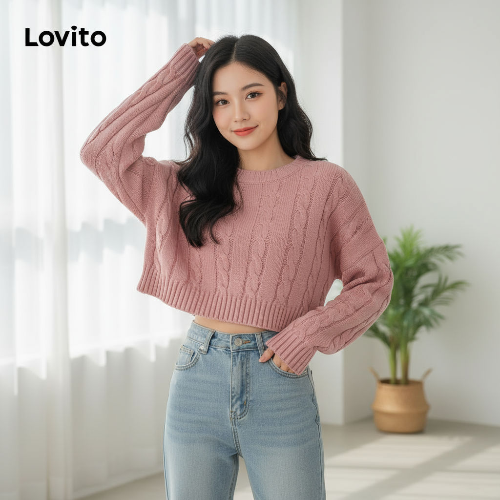 Lovito Suéter Jacquard Liso Solto Feminino Casual L106AD130 em Oferta na Shopee