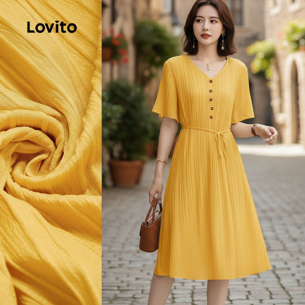 Lovito Refine Vestido Feminino Elegante Botões Primavera Verão Amarelo L154LD101 em Oferta na Shopee