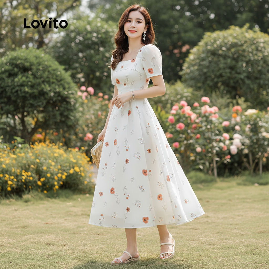 Lovito Vestido Branco Casual Boho Primavera Verão Suave Feriado Natal Zíper Feminino LBL26154 em Oferta na Shopee