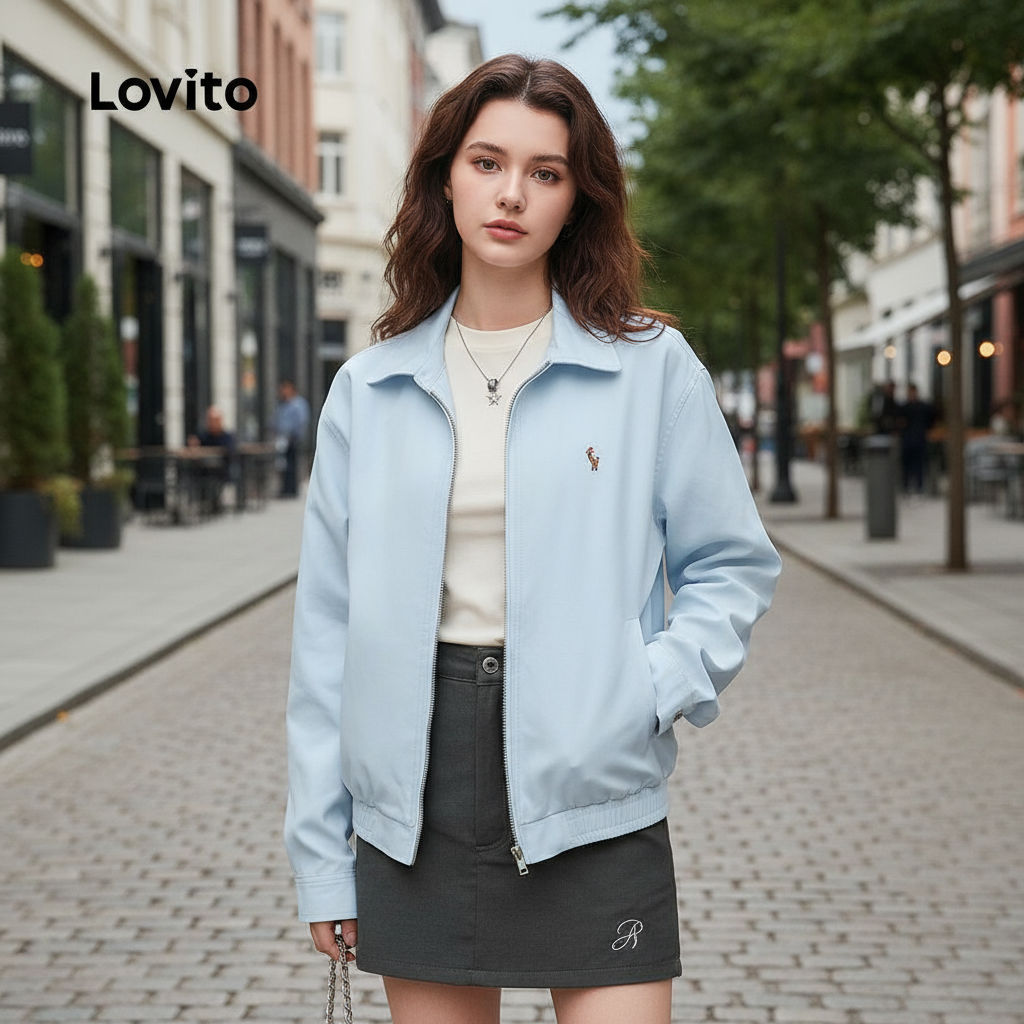 Lovito Casaco Feminino Casual com Zíper para Outono/Inverno em Azul L156AD251