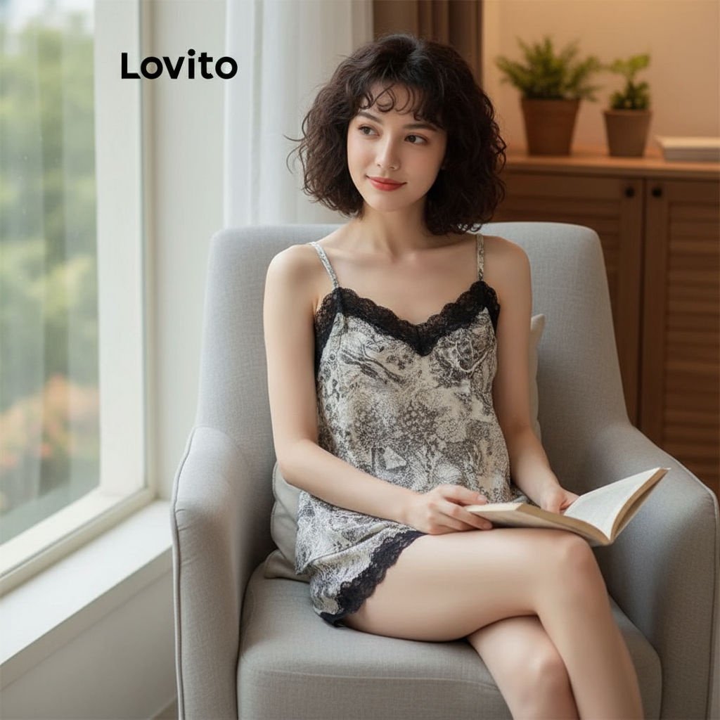 Lovito Conjuntos Pijama Floral Renda Sem Costas Verão Primavera LNE68171 em Oferta na Shopee