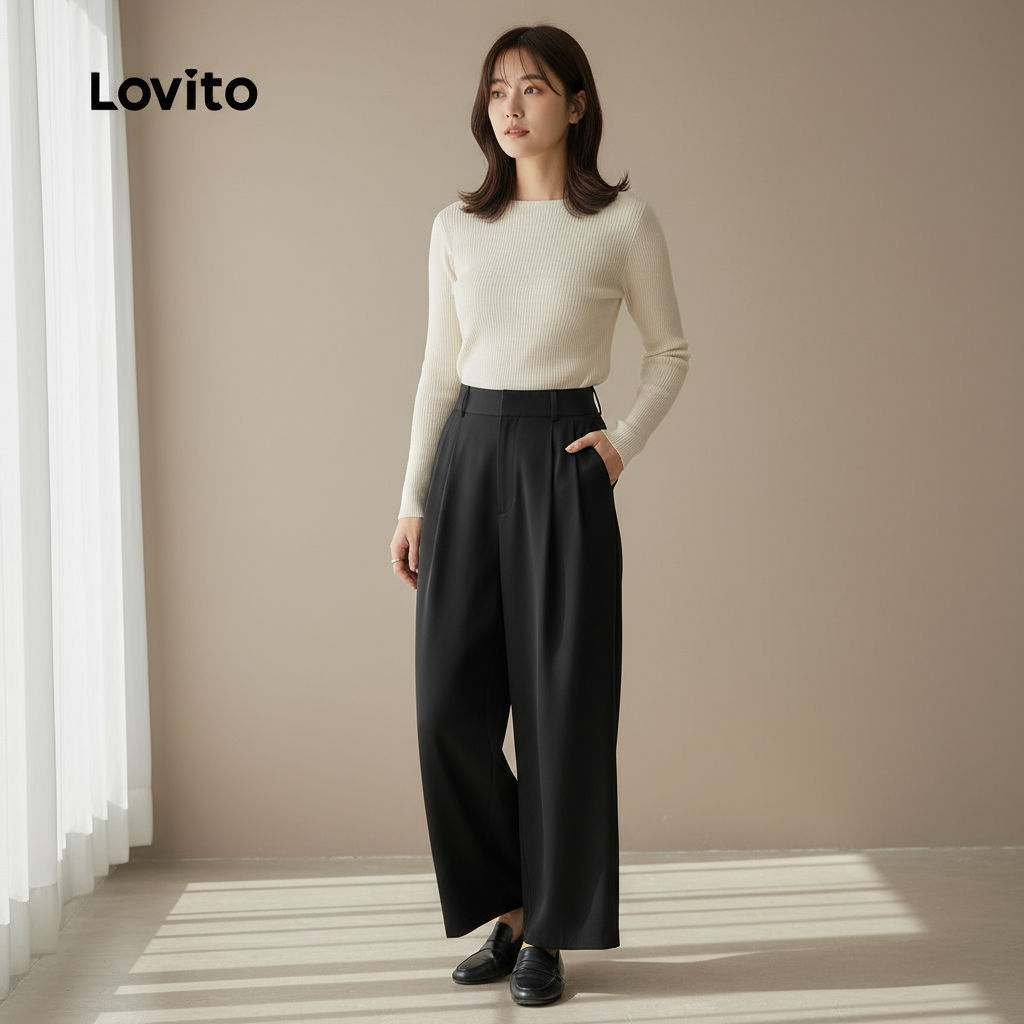 Lovito Calça Feminina Casual com Fivela Metálica e Bolso com Cinto Texturizada Primavera Verão Preta L138AD879 em Oferta na Shopee