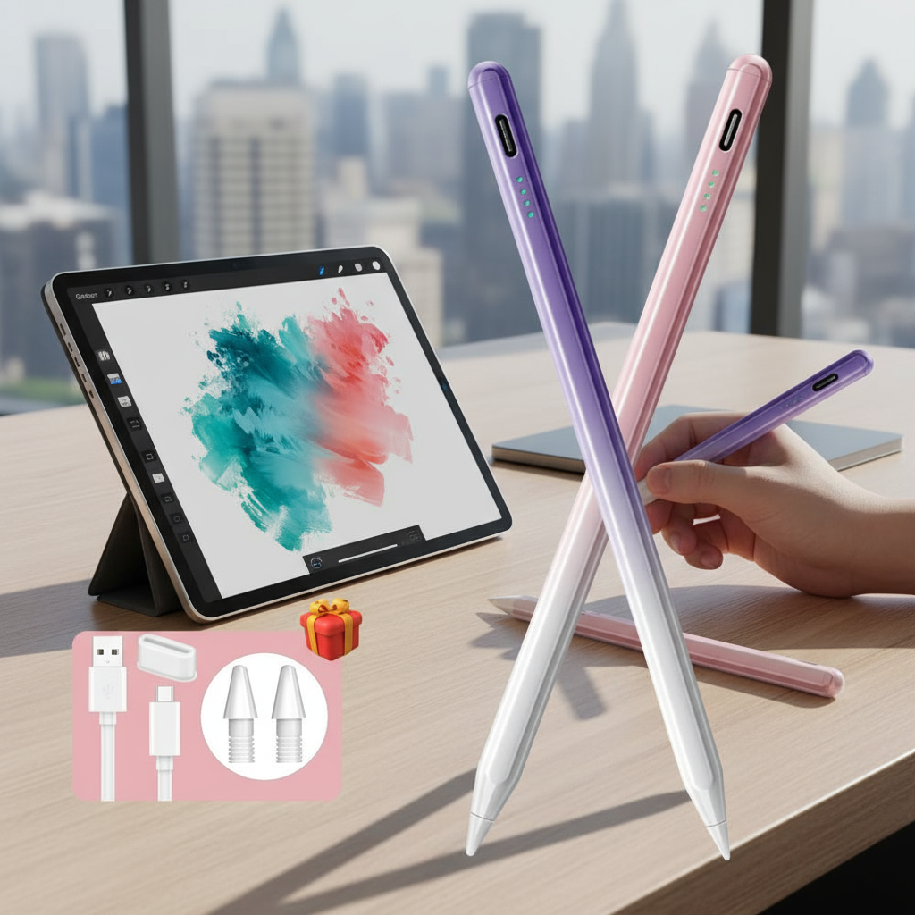 Caneta Stylus Capacitiva Roxa e Rosa com Degradê para Tablets e Smartphones com Tela Touchscreen, Toque Suave, Ajuste