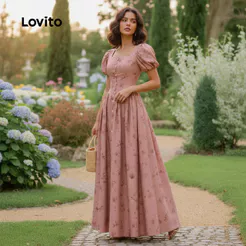 Lovito Elegante Vestido Feminino Floral com Botões Frontais para Primavera Verão Rosa L158ED1522