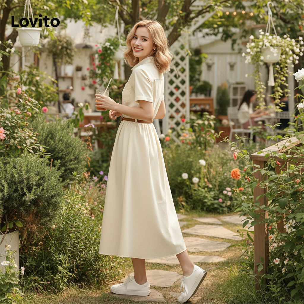 Lovito Vestido Refinado Vestido Básico Com Botões Feminino LNE70163 em Oferta na Shopee