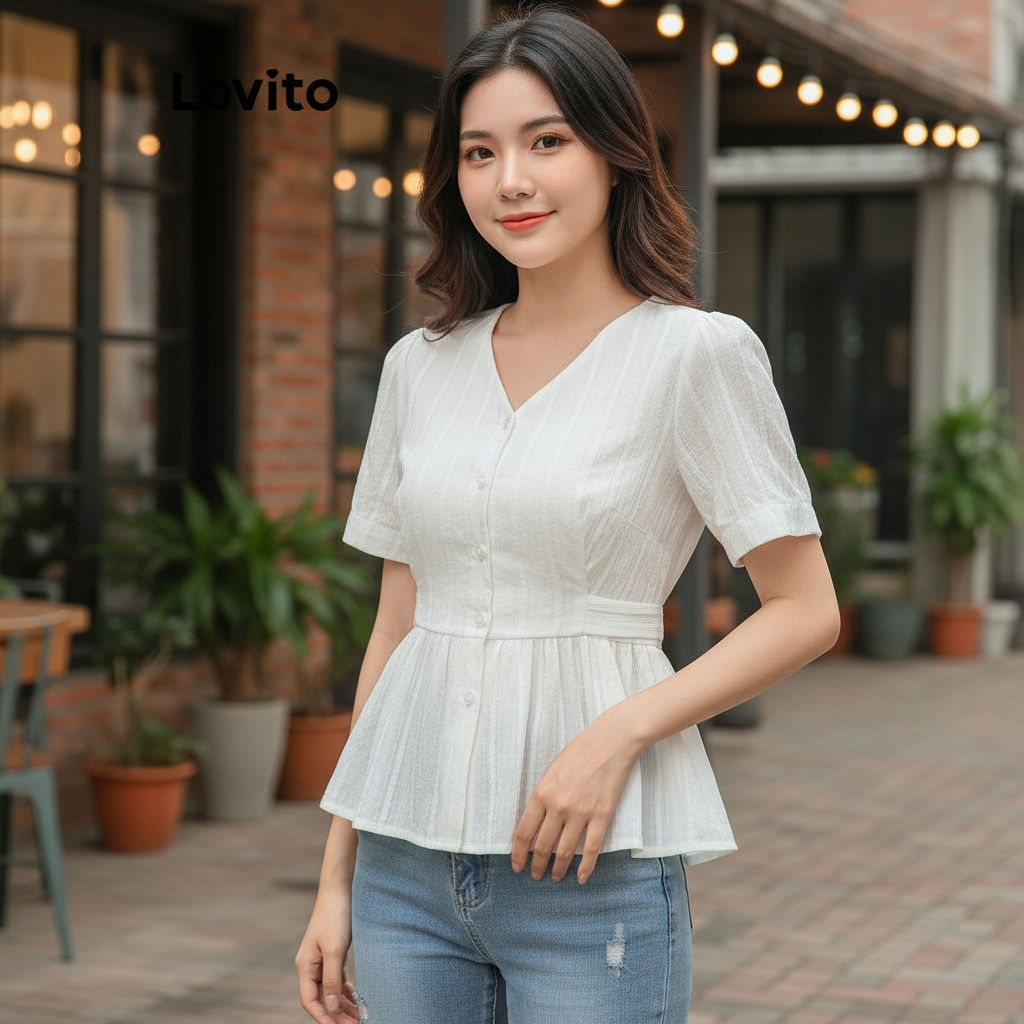 Lovito Refine Blusa Feminina Lisa Com Amarração E Botão Franzido L74ED234 em Oferta na Shopee