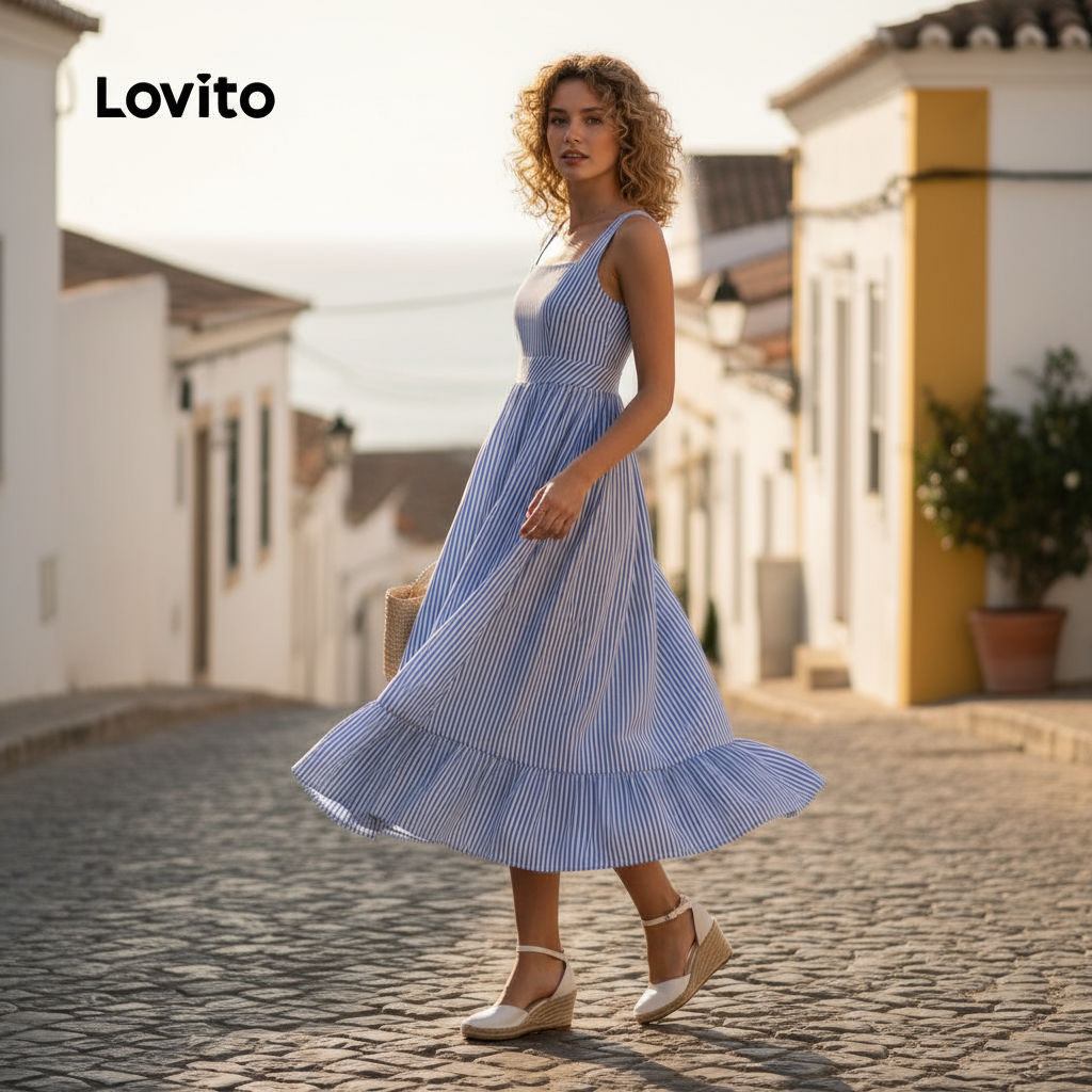 Lovito Refine Vestido Feminino Casual com Estampa Geométrica Azul para Primavera/Verão L149ED1234