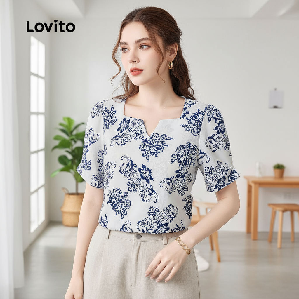 Lovito Blusa Feminina Elegante com Estampa Floral Design Minimalista para Primavera/Verão Azul e Branca L150ED040