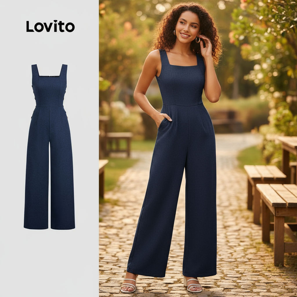 Lovito Macacão Casual com Botões e Design Estruturado para Primavera/Verão Azul-Marinho L155AD1555 em Oferta na Shopee