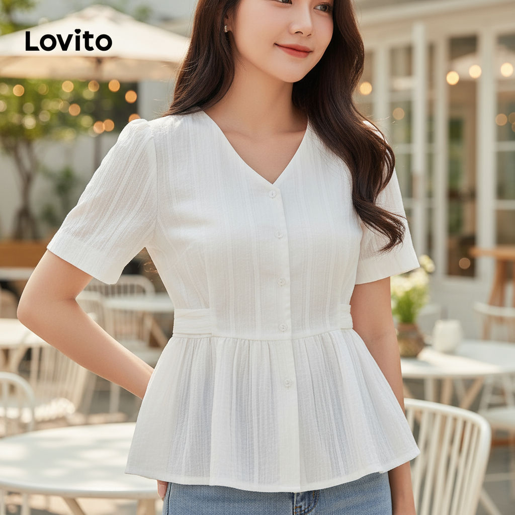 Lovito Refine Blusa Feminina Lisa Com Amarração E Botão Franzido L74ED234 em Oferta na Shopee
