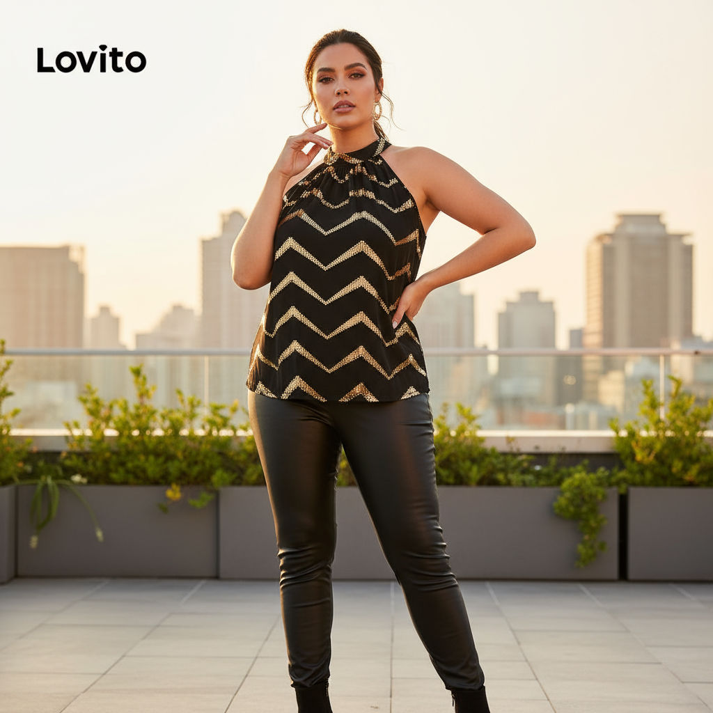 Lovito Blusa Feminina Plus Size Curva Elegante Listrada com Babados LBL19317 em Oferta na Shopee