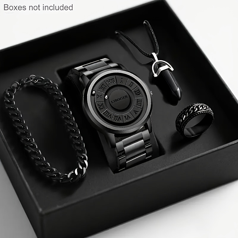 Presentes de Natal Conjunto de Joias Masculinas 4PCS Relógio Moda Conjunto de Quartzo com Suspensão Magnética Relógios