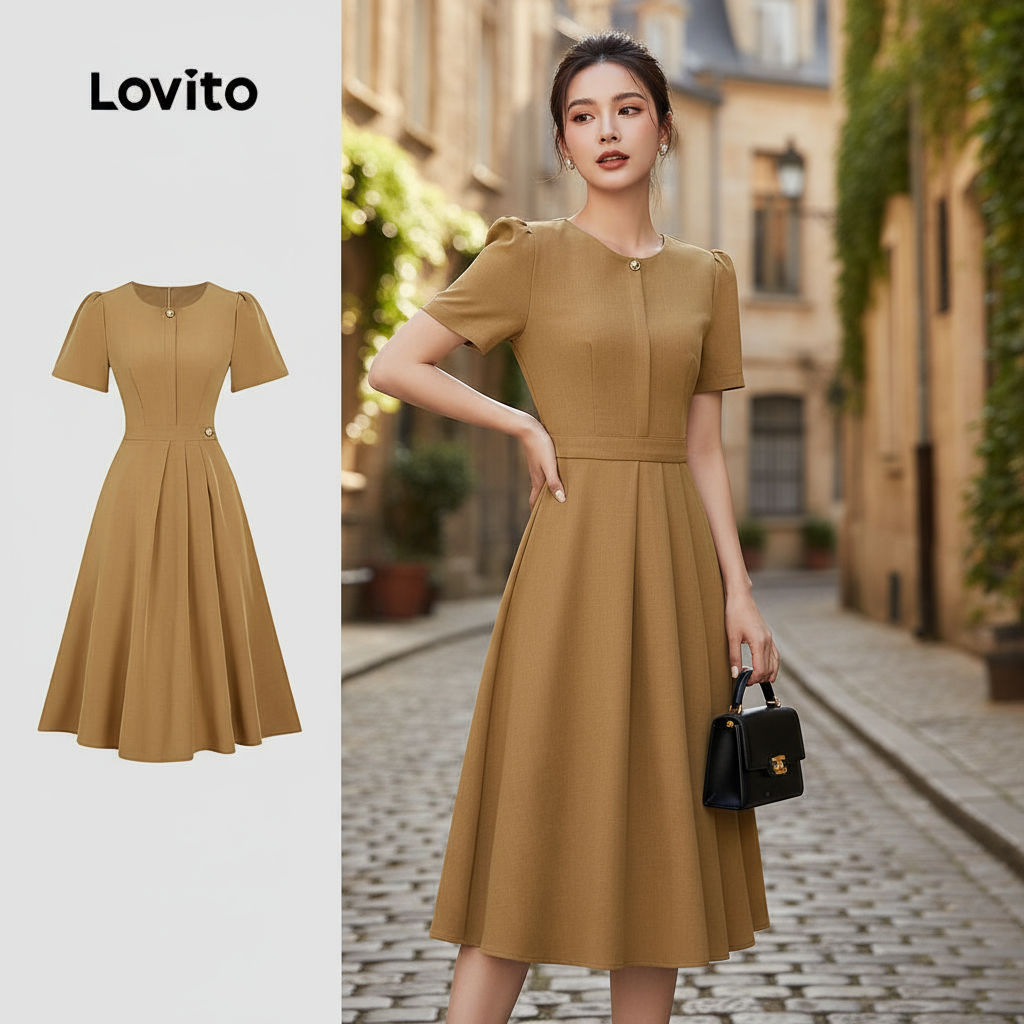 Lovito Vestido Feminino Elegante Pregueado Assimétrico Caqui Primavera/verão L149LD019 em Oferta na Shopee