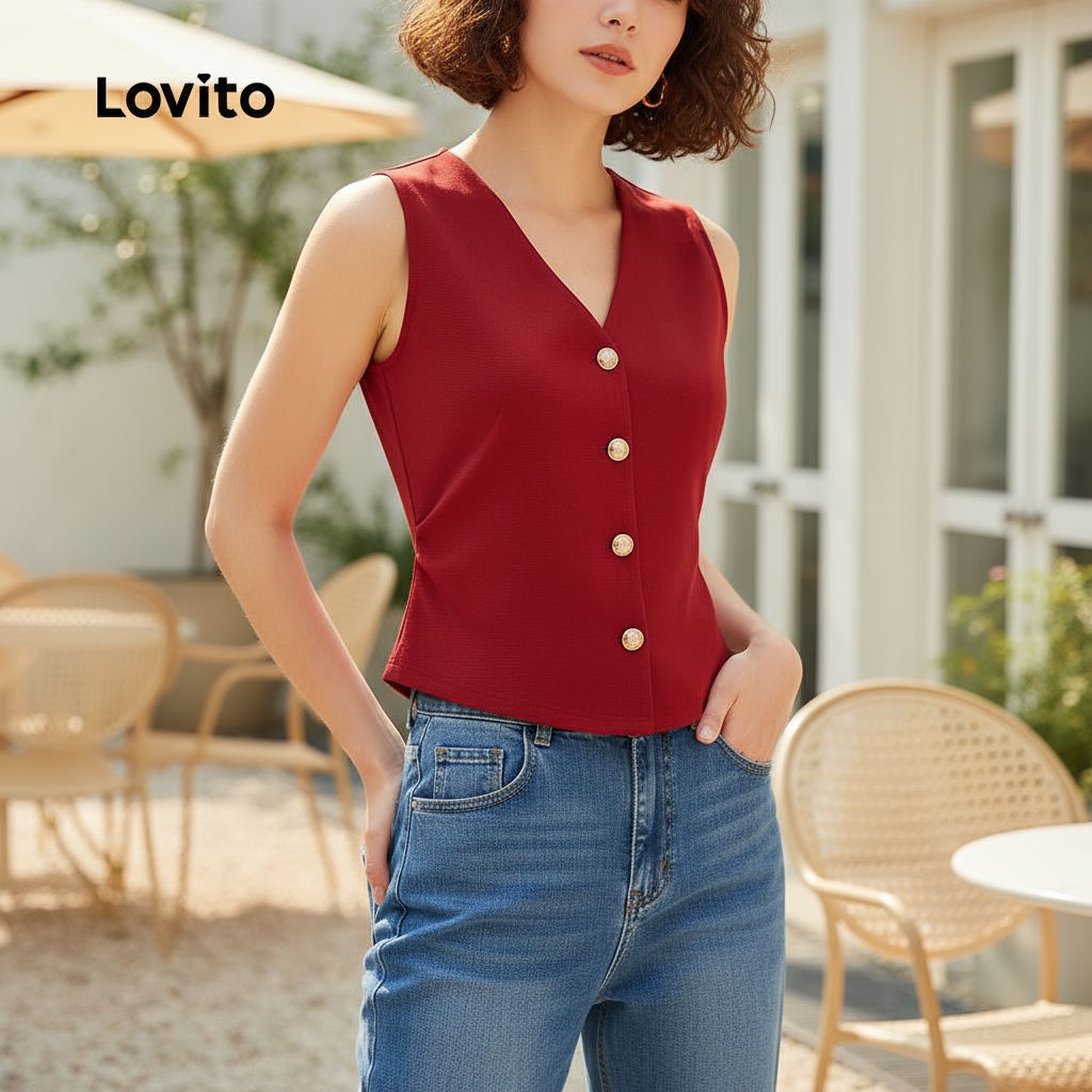 Lovito Blusa Social Feminina Clássica e Versátil Verão e Primavera Vermelha Botões L159AD135 em Oferta na Shopee