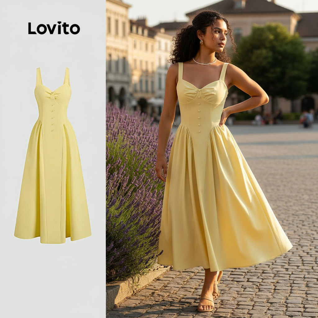 Lovito Refine Vestido Elegante com Botão e Babado Macio e Confortável Primavera/verão Amarelo L137ED168
