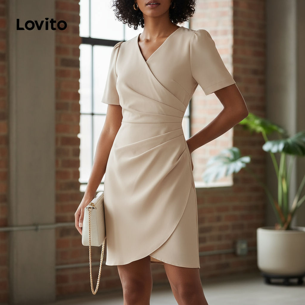 Lovito Vestido Feminino Simples Plissado Casual L133ED1011
