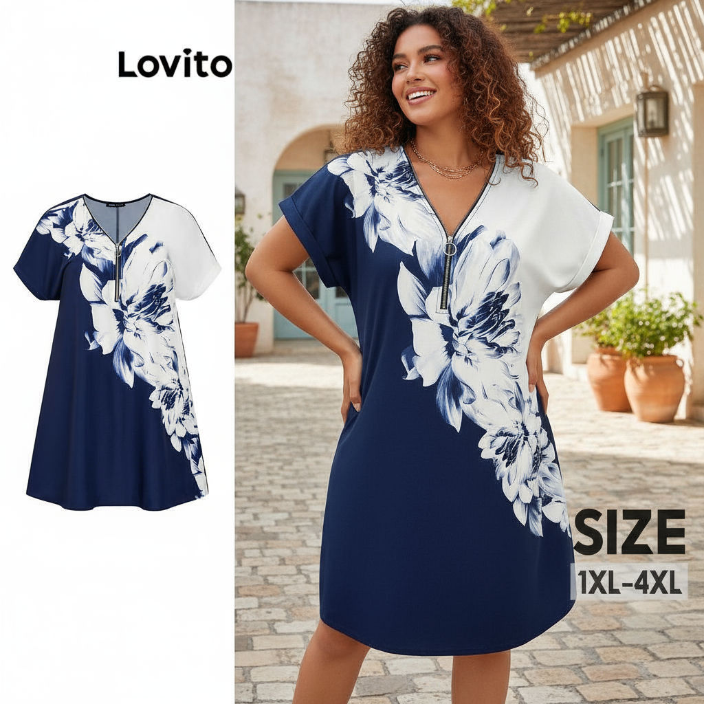 Lovito Refine Plus Size Curve Casual Vestido Floral Verão Com Zíper Para Mulheres LBL17762 em Oferta na Shopee