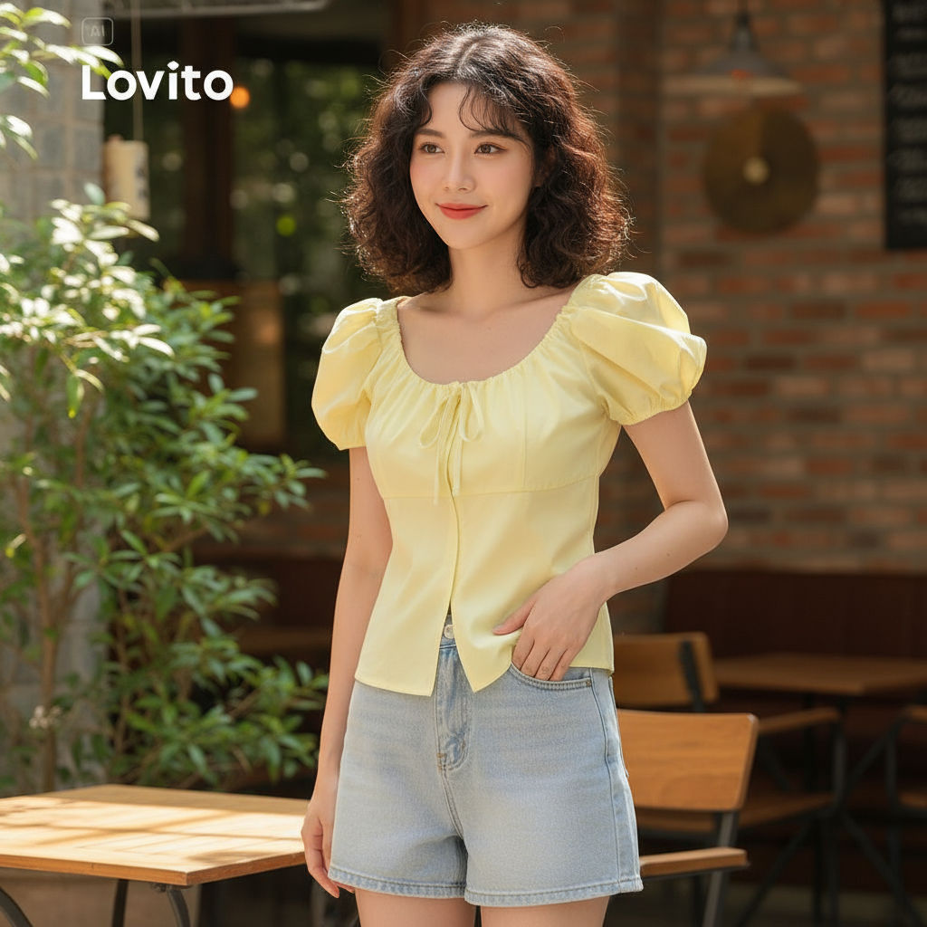 Lovito Blusa Feminina Casual Amarela com Botões e Amarração Frontal para Primavera/Verão L137LD457 em Oferta na Shopee