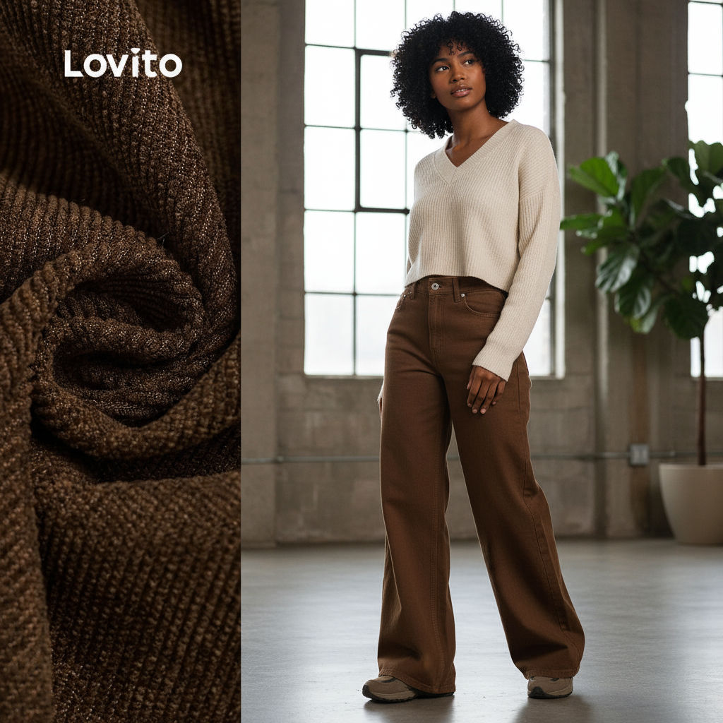 Lovito Calças Femininas Casuais com Zíper e Bolso Primavera Verão Marrom LBL26273 em Oferta na Shopee