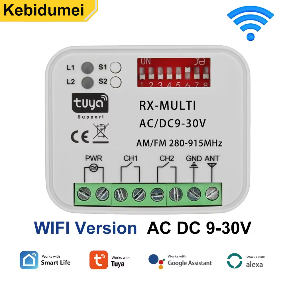 Receptor de Controle Remoto de Porta de Garagem Wi-Fi para Tuya, Módulo Relé AC/DC 9-30V, Abridor de Porta 280-915MHz