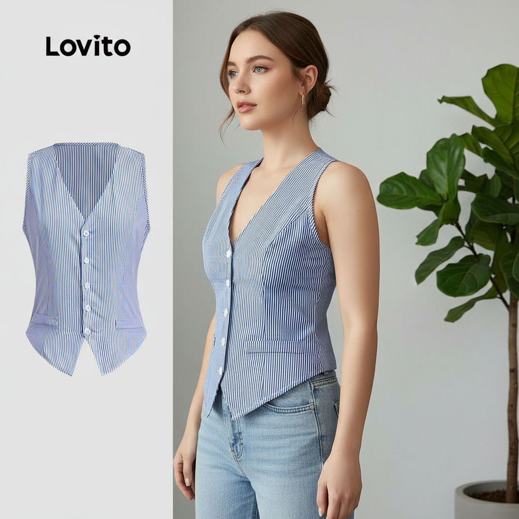 Lovito Blusa Casual Botões Frente Azul Feminina Primavera Verão LBL28236 em Oferta na Shopee