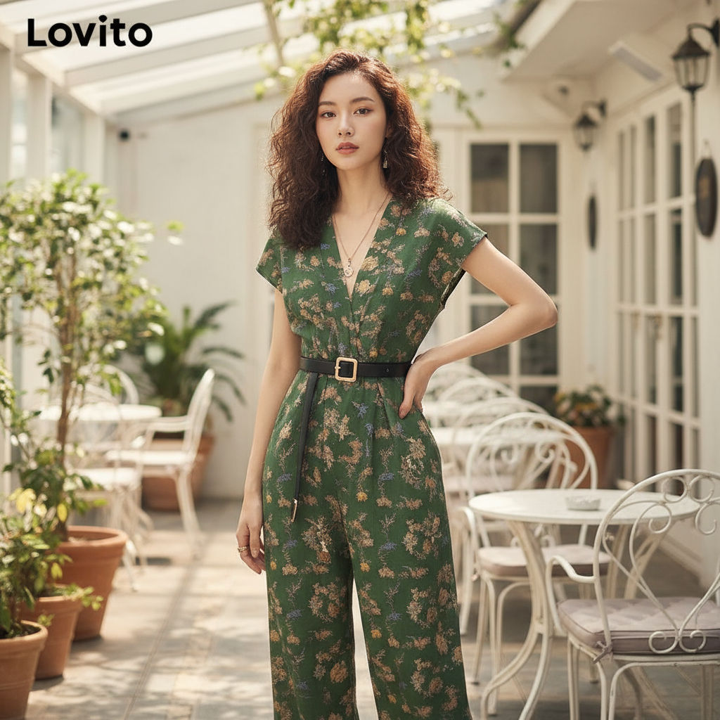 Lovito Macacão Feminino Casual Estampado Floral Alface Com Acabamento Drapeado LNE70506