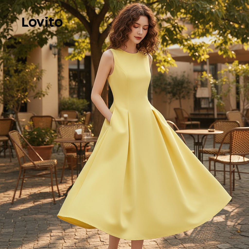 Lovito Vestido Casual Amarelo com Bolso para Mulheres L158AD1685 em Oferta na Shopee