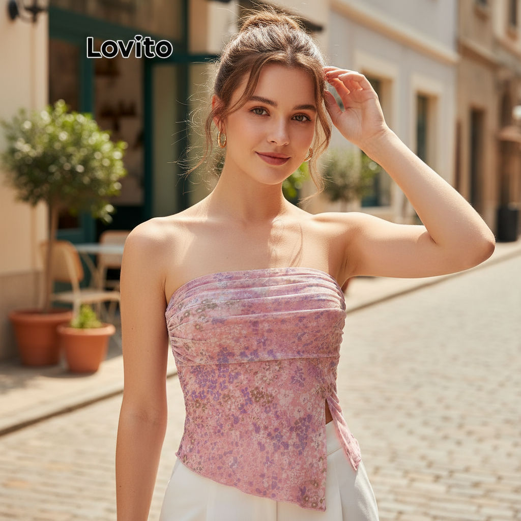 Lovito Regata Feminina Floral Delicada Franzida Casual LAD106637 em Oferta na Shopee