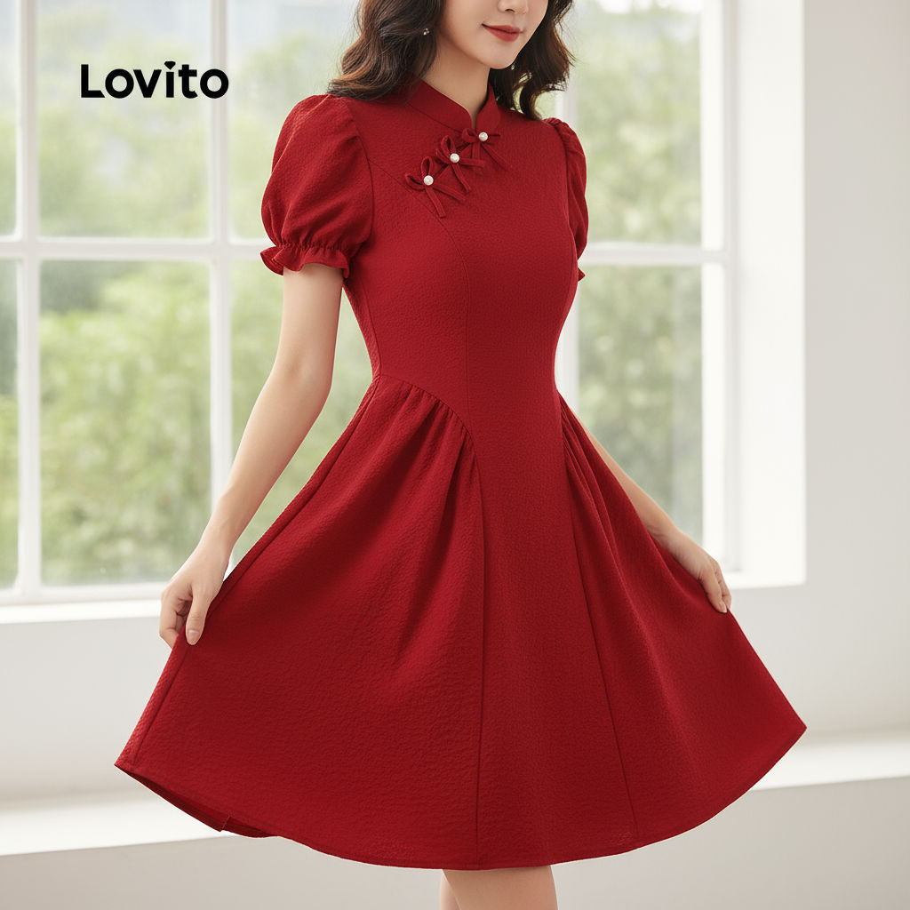 Lovito Refine Vestido Vermelho com Botões para Primavera e Verão para Mulheres L156AD289 em Oferta na Shopee