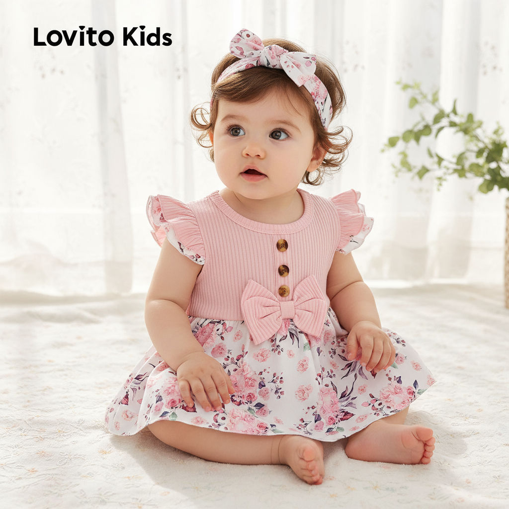 Lovito Crianças Macacão com Capuz e Botões Frontais com Laço Rosa para Bebês LNL111178 em Oferta na Shopee