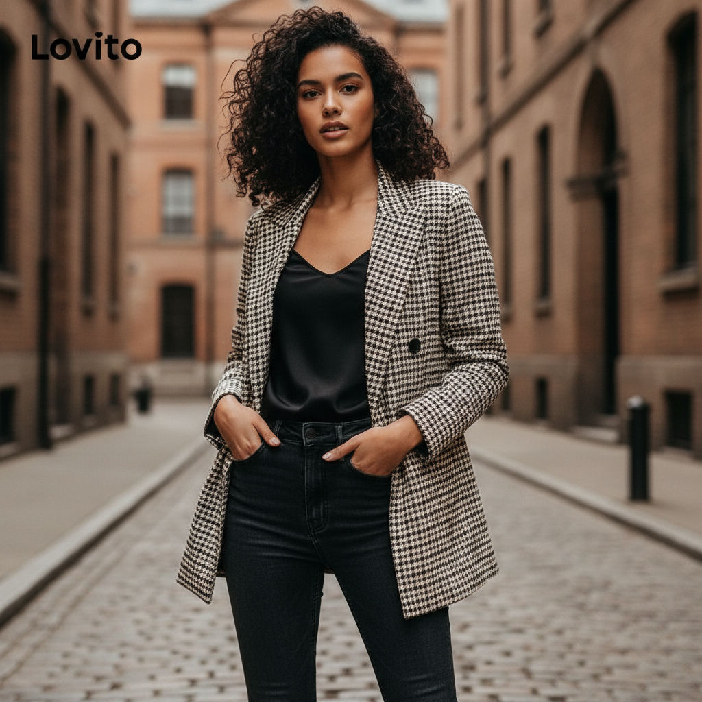 Lovito Casaco Blazer feminino com botões xadrez LNL54247 em Oferta na Shopee