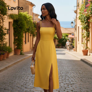 Lovito Vestido Boho Fenda Frontal Macio Conforto Verão Amarelo L137ED583 em Oferta na Shopee