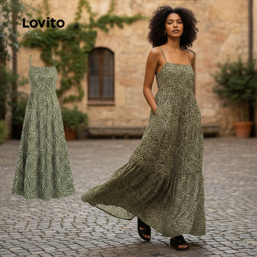 Lovito Vestido Boho Feminino com Babado na Barra e Alça Regulável para Primavera Verão L137ED320 em Oferta na Shopee
