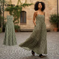 Lovito Vestido Férias Feminino com Babado na Barra e Alça Regulável para Primavera Verão L137ED320