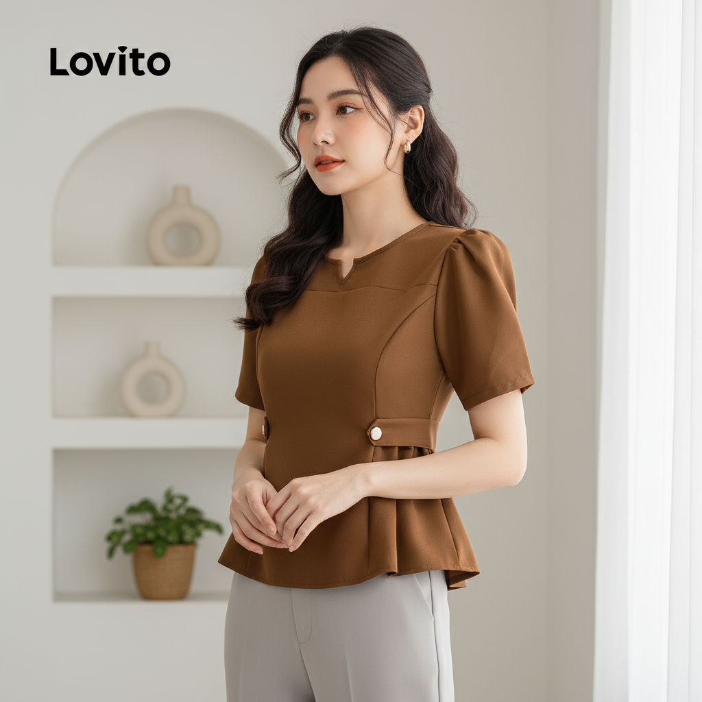 Lovito Elegante Blusa Sofisticada com Botões e Dobras Blusa de Escritório Primavera/Verão Marrom para Mulheres L143ED286