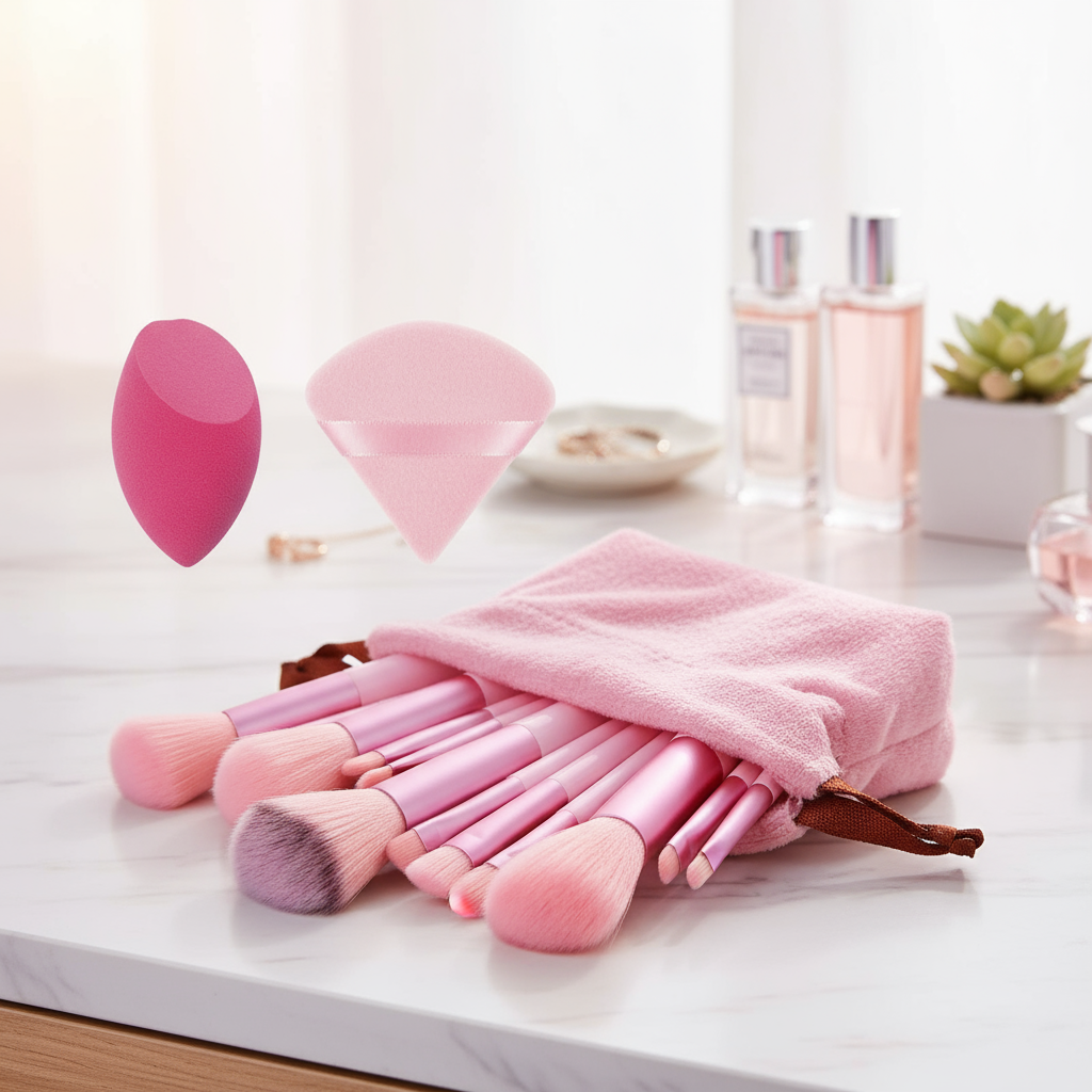 Kit de 13 Pincéis de Maquiagem Rosa com 2 Esponjas Triangulares Rosa e 1 Rosa Vermelha Chanfrada, Ferramentas