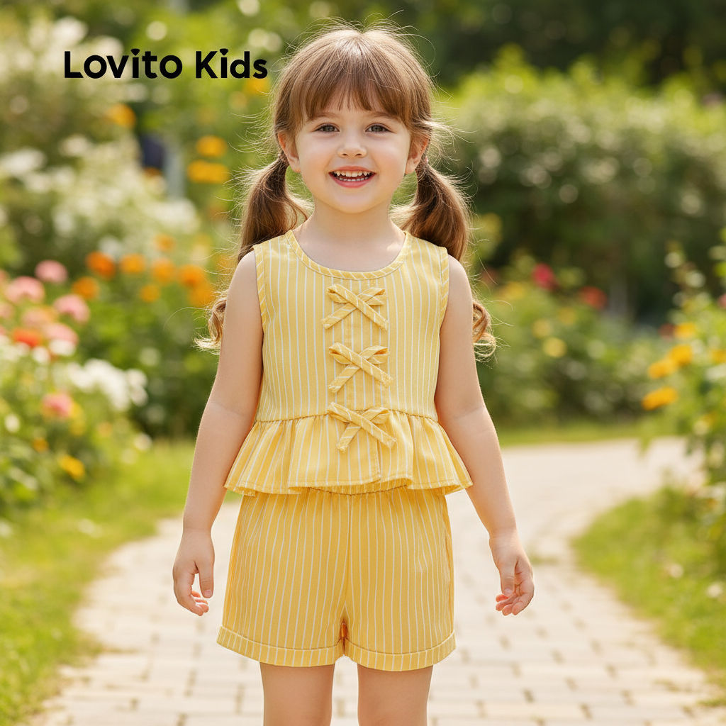 Lovito Kids Conjuntos de Shorts com Laço e Babados para Primavera/verão Amarelo L162LD205 em Oferta na Shopee