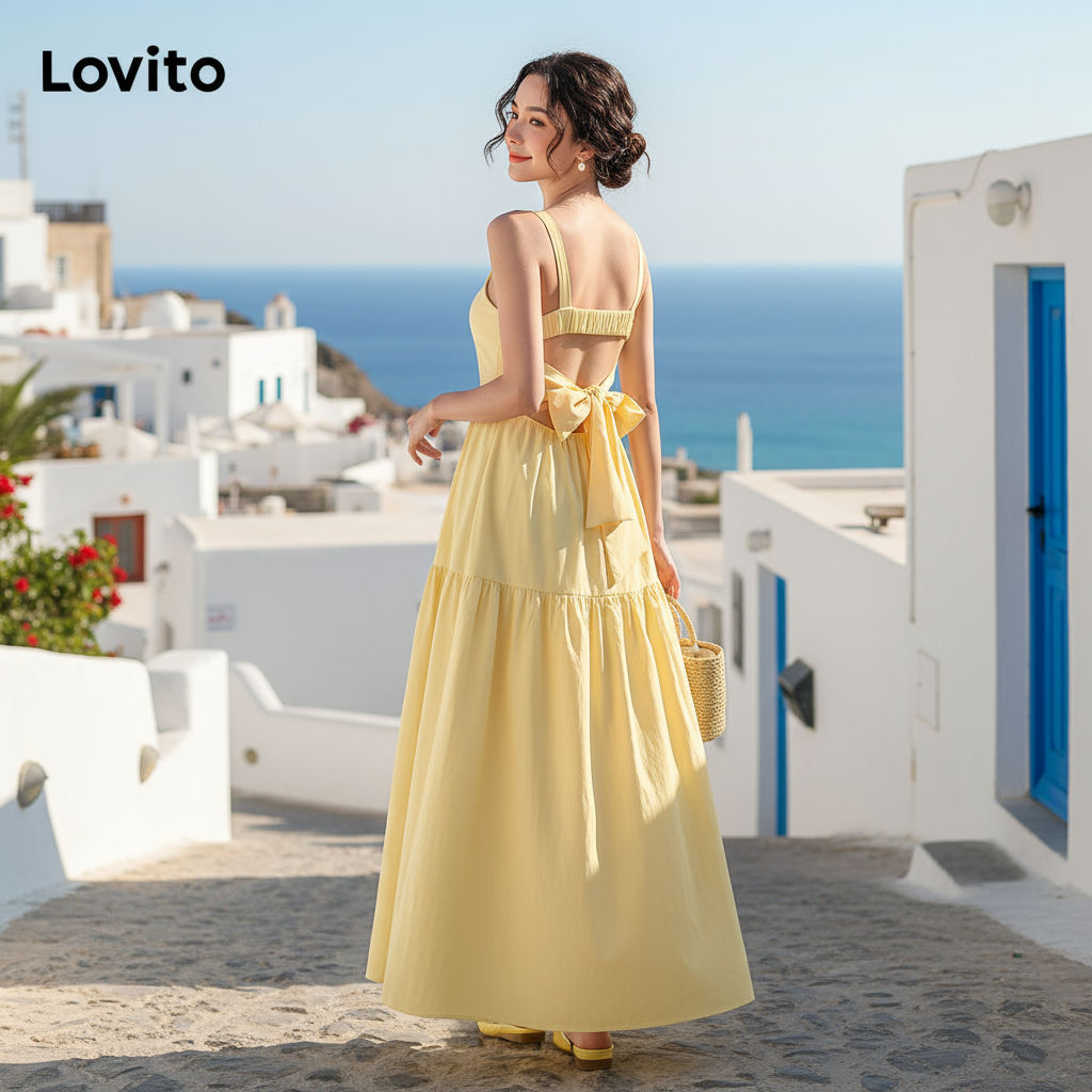 Lovito Refine Vestido Feminino Boho Liso com Amarração e Recorte L99ED704 em Oferta na Shopee