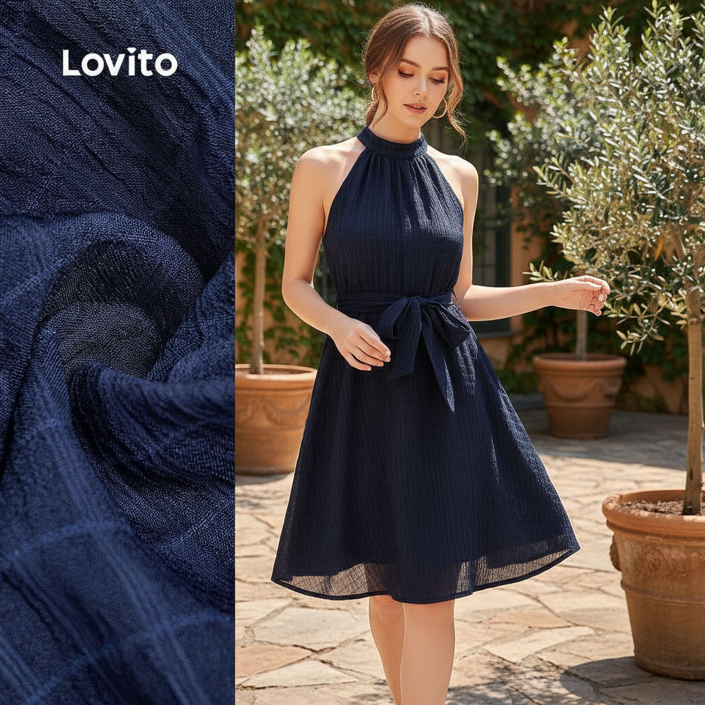 Lovito Vestido Estilo Boho em Renda com Fecho Botão Azul Marinho Primavera Verão L155AD373 em Oferta na Shopee