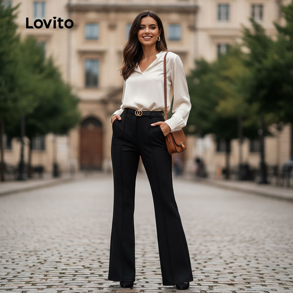 Lovito Calças sofisticadas de botão liso para mulheres L131LD1097 em Oferta na Shopee