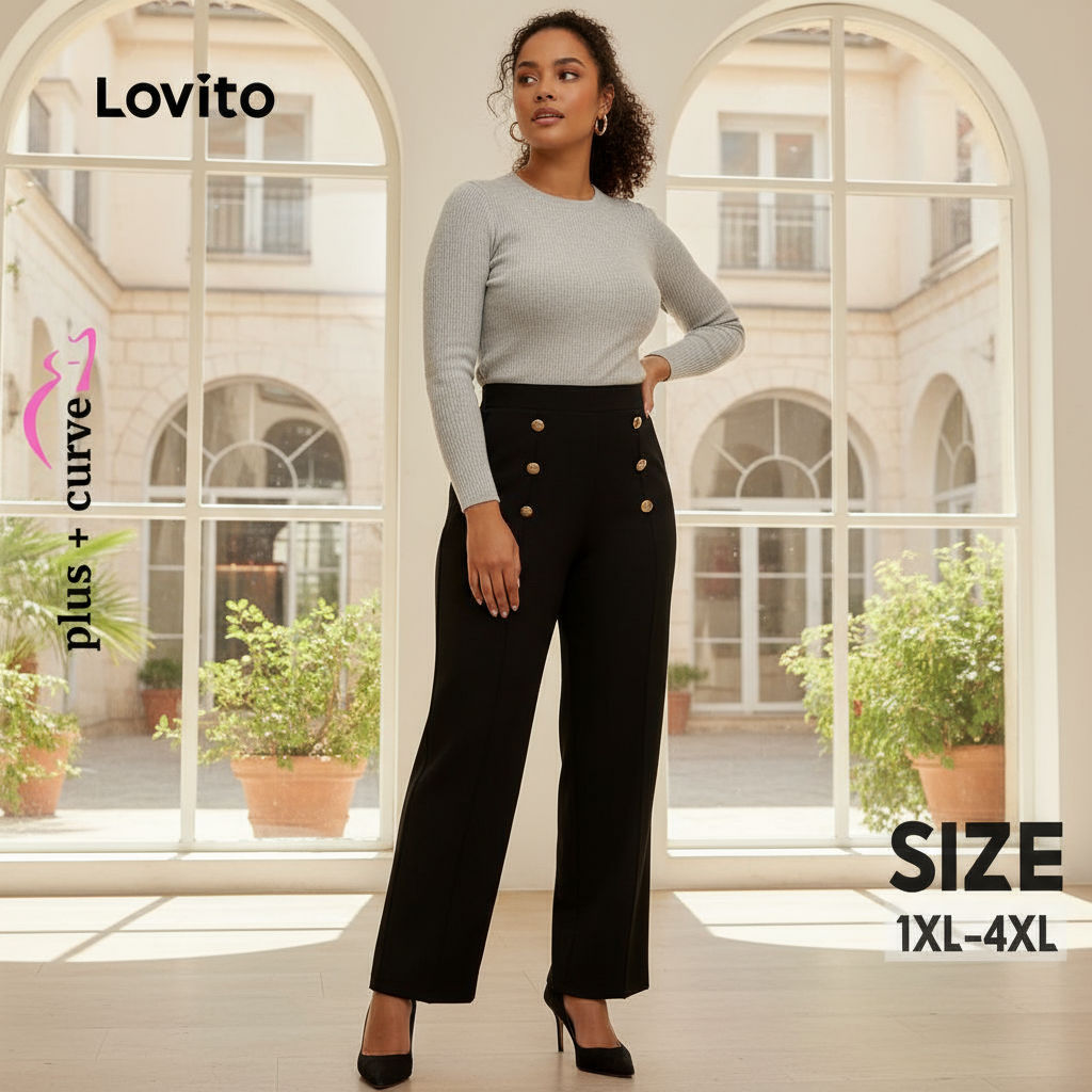 Lovito Calças Plus Size Femininas Elegantes Botão Simples Azul Escuro LNE103028 em Oferta na Shopee
