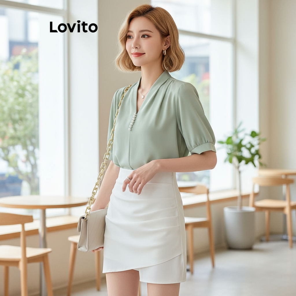 Lovito Blusa Feminina Elegante Lisa Com Gola V E Pérolas LNE21154 (Multicolorido)