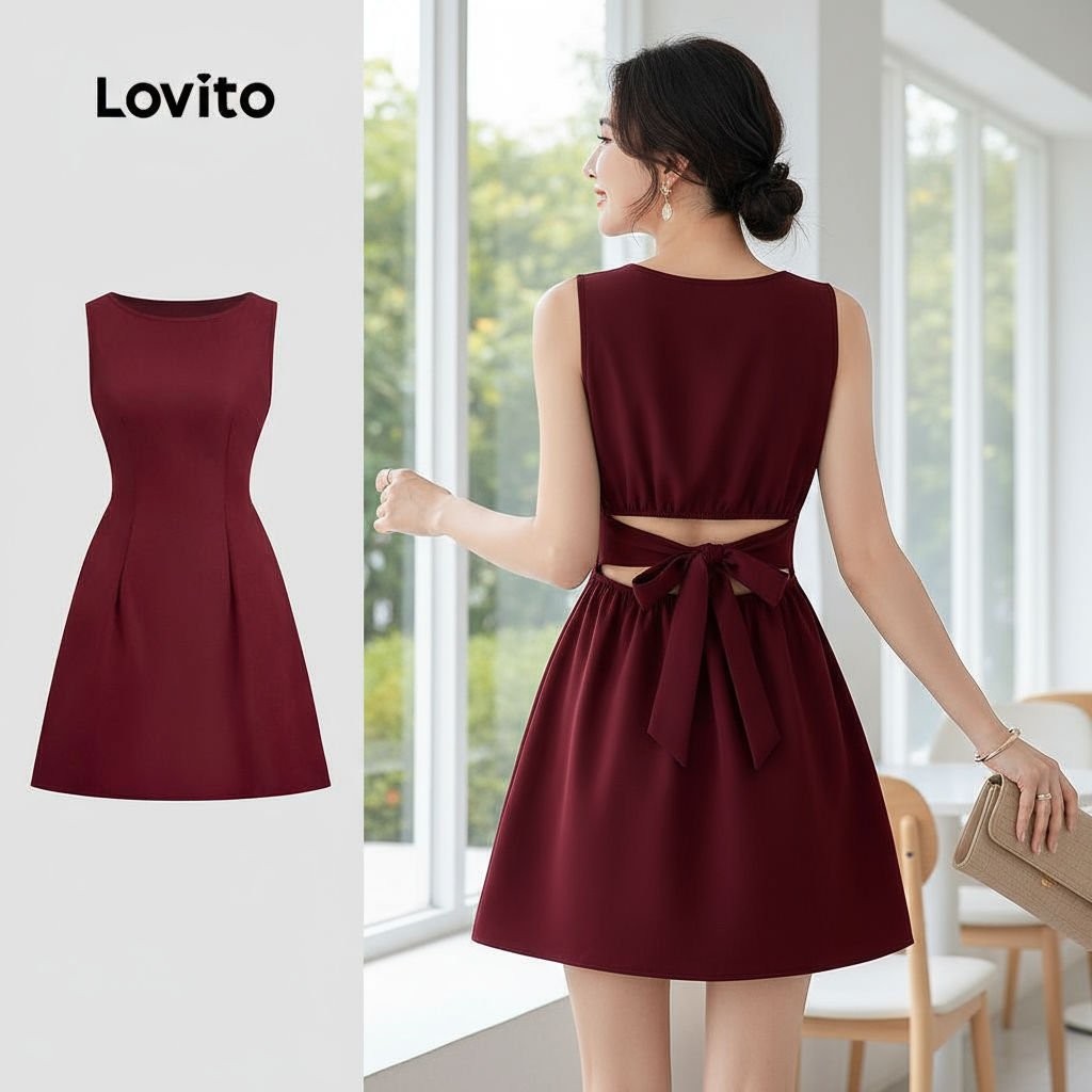 Lovito Vestido Casual com Amarração nas Costas para Mulheres em Borgonha para Primavera Verão L158ED326 em Oferta na Shopee
