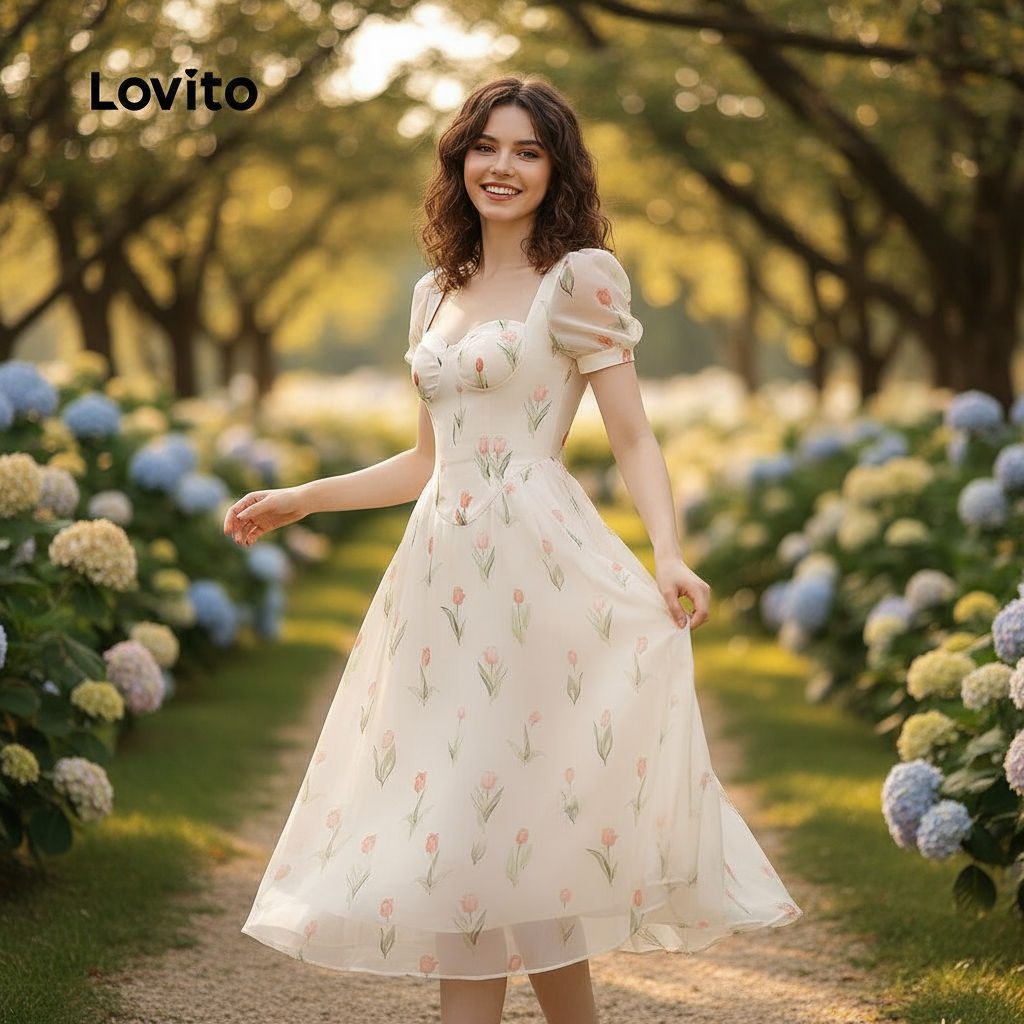 Lovito Vestido Feminino Casual Natalino, Estilo Boho, Zíper Frontal, Tecido Macio, Primavera/Verão LBL26155