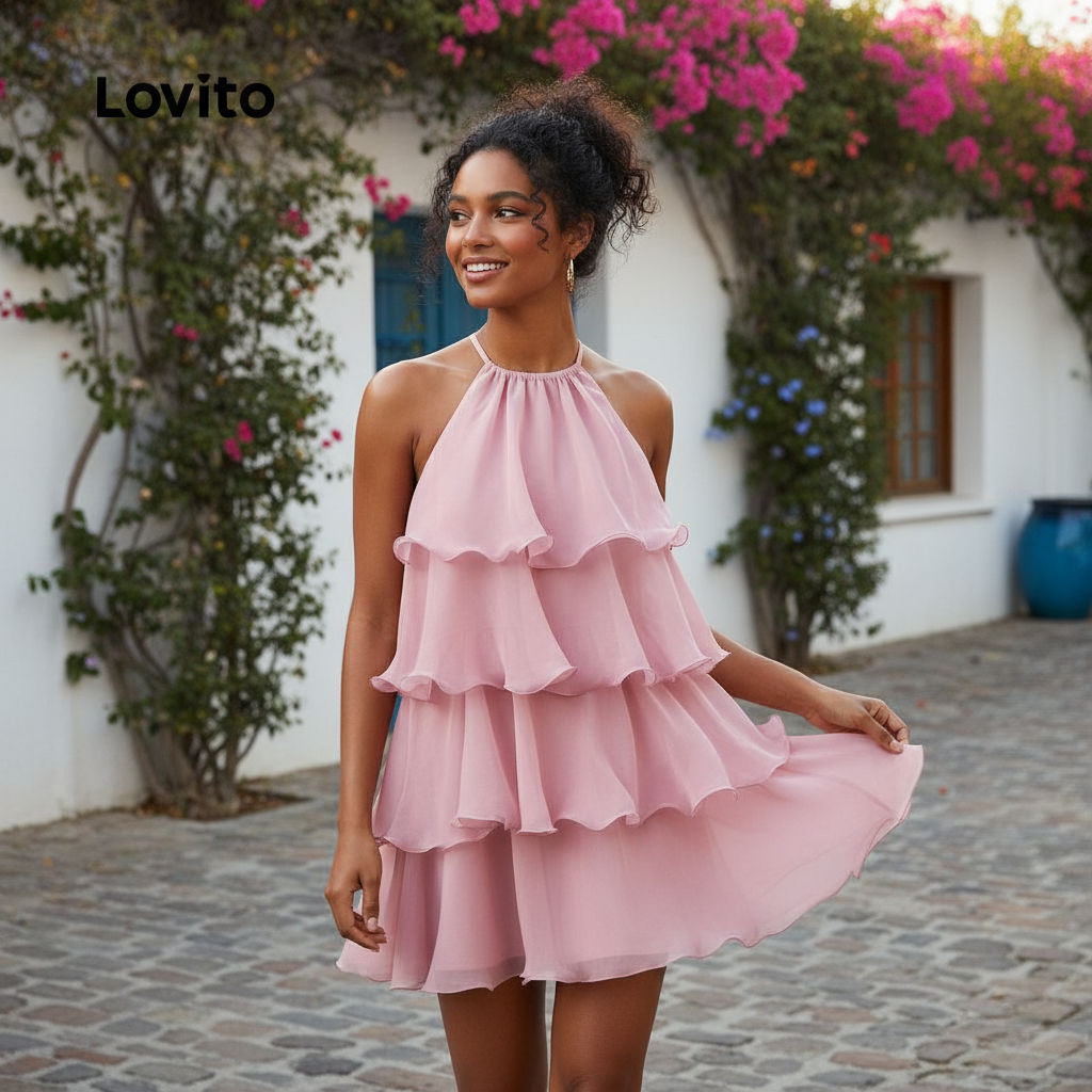 Lovito Vestido feminino com camadas e babados elegante para primavera verão L167LD033