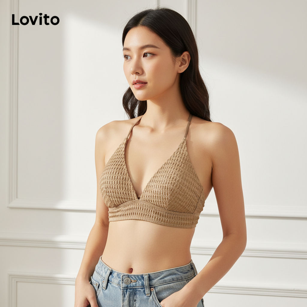 Lovito Refine Biquíni Texturizado Liso Cruzado Top Feminino LNL42167 em Oferta na Shopee