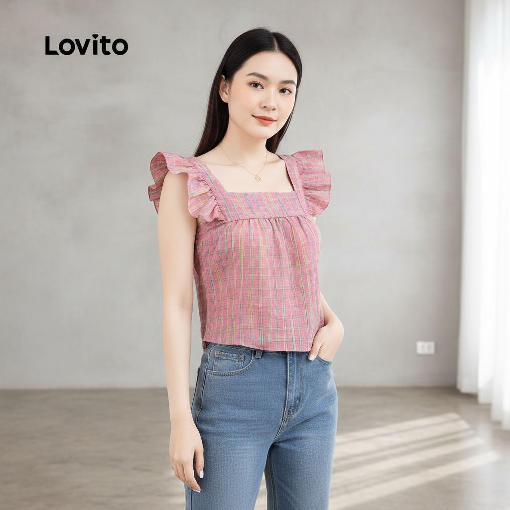 Lovito Blusa Casual Feminina Rosa Drapeada Babados Verão Primavera L135AD1210